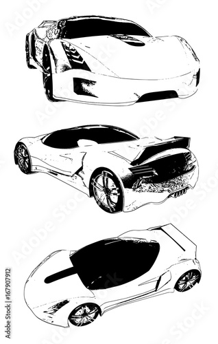 Set of vector images of a conceptual sports car. Species from different sides.