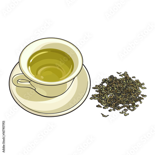 China, porcelain cup and pile of dry green tea, sketch vector illustration isolated on white background. Hand drawn porcelain, china mug and saucer set with pile, heap of green tea