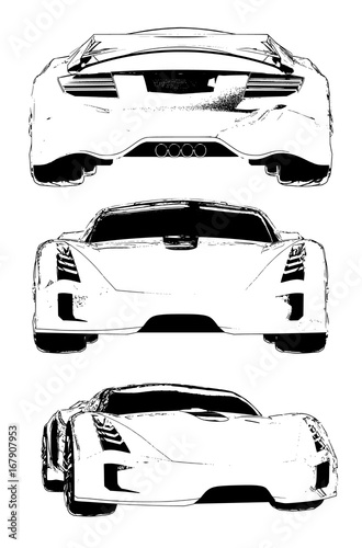 Set of vector images of a conceptual sports car. Species from different sides.
