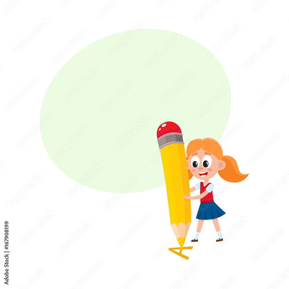 Little girl writing, drawing letter A with huge pencil, cartoon vector  illustration isolated on white background with speech bubble Stock Vector |  Adobe Stock