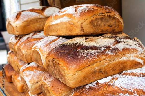 Traditional homemade bread in polish food market in Poland. Polish bakery food products.