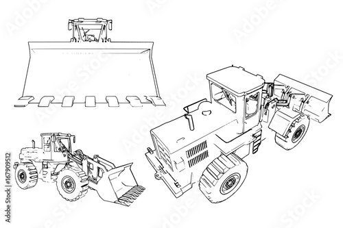 Construction machinery loader. A lot of vector images from different angles. The machine is represented by contour lines.
