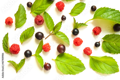 trendy pattern with raspberries and mint and blackcurrant like background