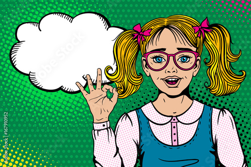 Wow face. Cute surprised blonde school girl in glasses with open mouth shows ok sign and empty speech bubble on halftone. Vector illustration in retro pop art comic style. Back to school poster.