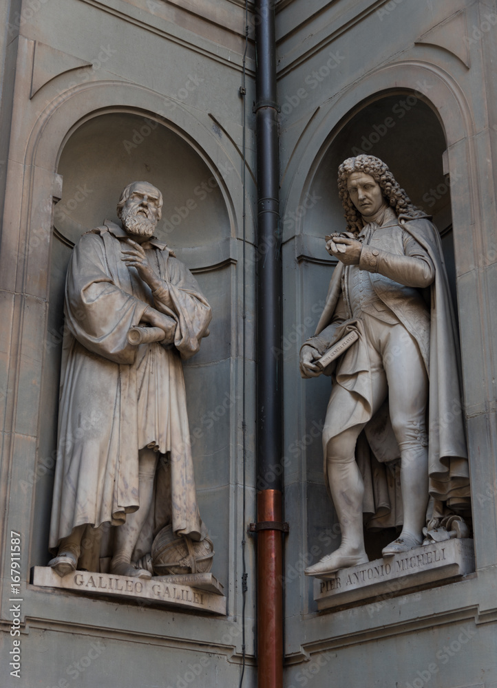 Galileo Galilei and Pier Antonio Micheli. Statues in the Uffizi Gallery, Florence, Tuscany, Italy