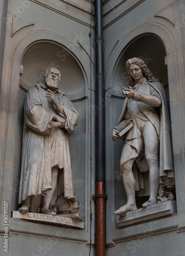 Galileo Galilei and Pier Antonio Micheli. Statues in the Uffizi Gallery  Florence  Tuscany  Italy