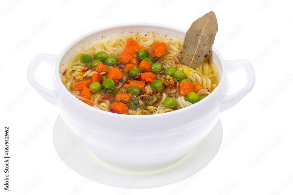 Noodle soup with green peas and carrots on white background Noodle soup with green peas and carrots on white background