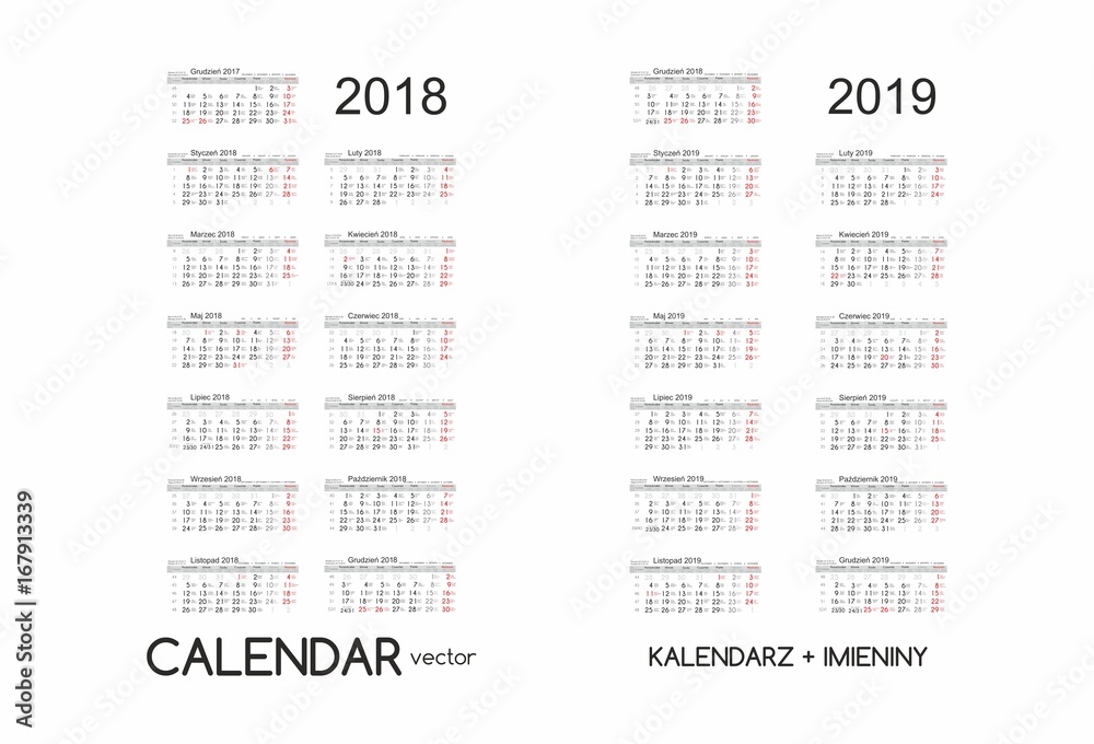 Calendar 2018, 2019 Kalendarz 2018, 2019 vector