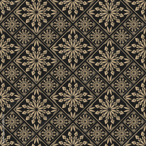 Seamless pattern oriental ornament. Black and golden textile print. Islamic vector design. Floral tiles.