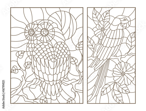 Set contour illustrations of stained glass birds the owl and parrot on the branches of trees