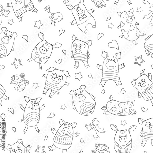 Seamless pattern with funny cartoon pigs , dark outline on a white background
