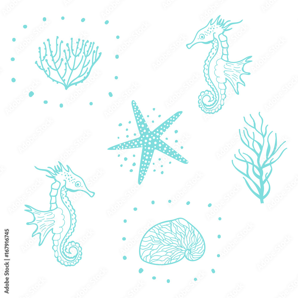 Seamless Pattern With Starfish, Seashells And Sea Horse. Decorative Sea Seamless Pattern Vector. Hand Drawing Doodle Marine Background. Seamless For Fabric Design, Gift Wrapping Paper And Printing. Seamless Pattern With Starfish, Seashells And Sea Horse. Decorative Sea Seamless Pattern Vector. Hand Drawing Doodle Marine Background. Seamless For Fabric Design, Gift Wrapping Paper And Printing.