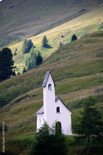 Dolomite's landscape and church of Passo Gardena