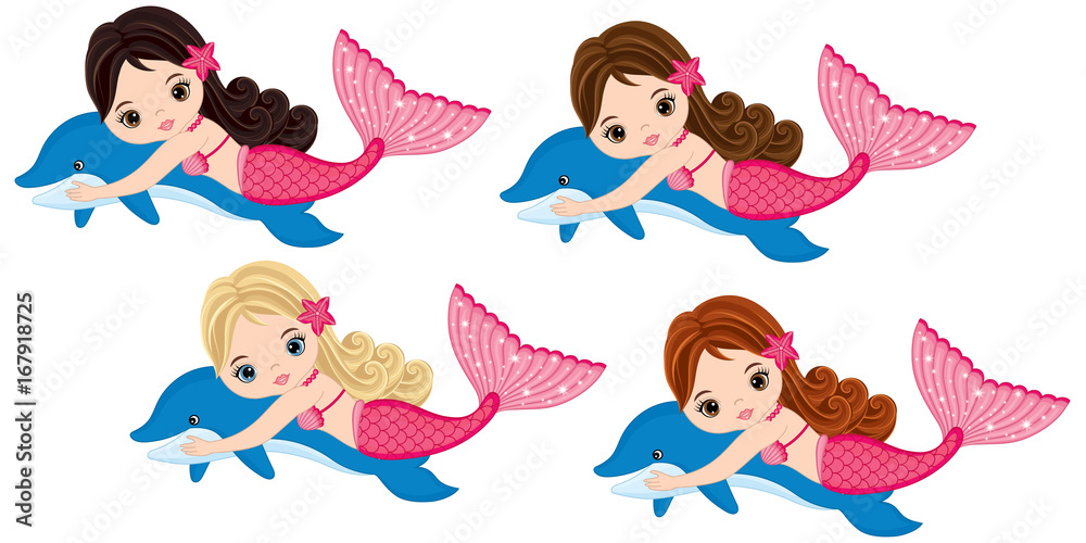 Vector Cute Little Mermaids Swimming with Dolphins. Vector Mermaids