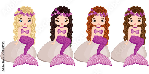 Vector Cute Little Mermaids Sitting on Stones. Vector Mermaids 