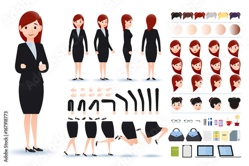 Businesswoman Character Creation Kit Template with Different Facial Expressions, Hair Colors, Body Parts and Accessories. Vector Illustration.
