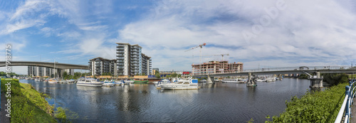 Panoramic view of apartment and construction on the River Ely in Cardiff Bay