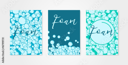 Set of backgrounds with bubbles of shampoo or soap foam. Collection of aqua park, swimming pool or diving concepts. Can be used for advertising and promotion, design flyer, cover or poster.