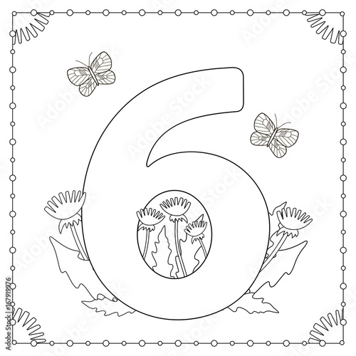 Numeral Six with flowers, leaves and butterflies. Coloring page.