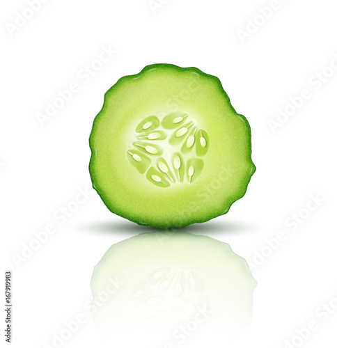 Vector slice juicy cucumber isolated on white background. Realistic 3d illustration. Element for modern design.