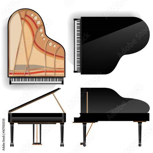 Grand Piano Set Vector. Realistic Black Grand Piano Top And Back View. Opened And Closed. Isolated Illustration. Musical Instrument.