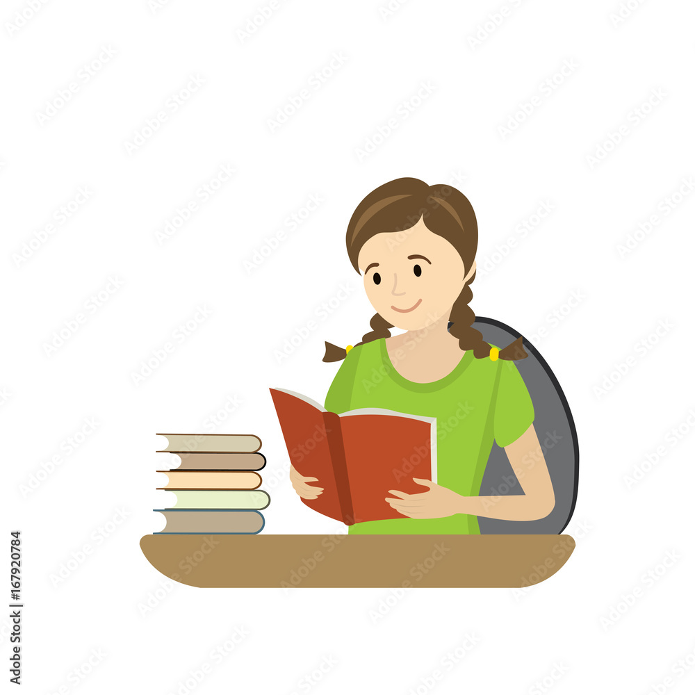 Teenager reads a book,cartoon girl isolated on white background Teenager reads a book,cartoon girl isolated on white background