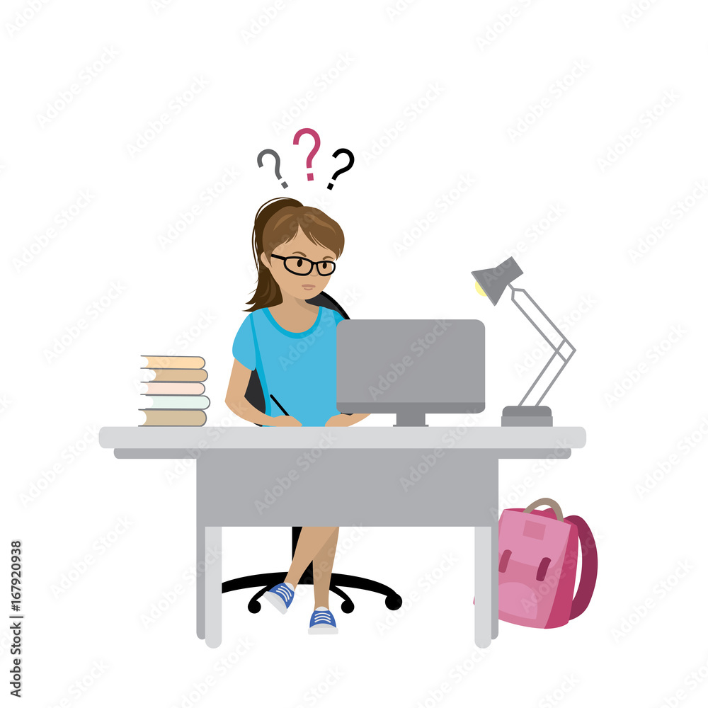 Teenage girl studying at computer, Teenage girl studying at computer,