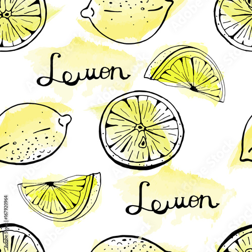 Seamless vector pattern of hand drawn lemon and lemon slices on watercolor background.