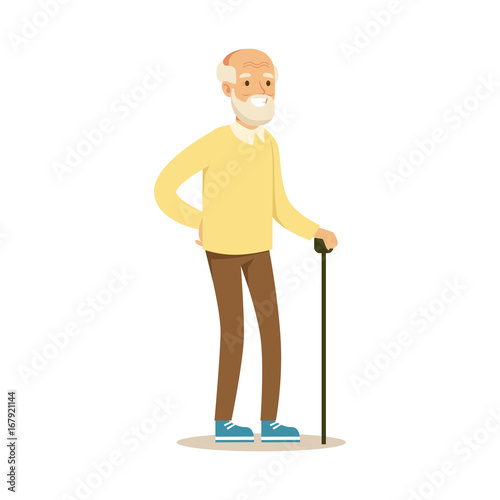 Grey smiling senior man standing with cane colorful character vector Illustration