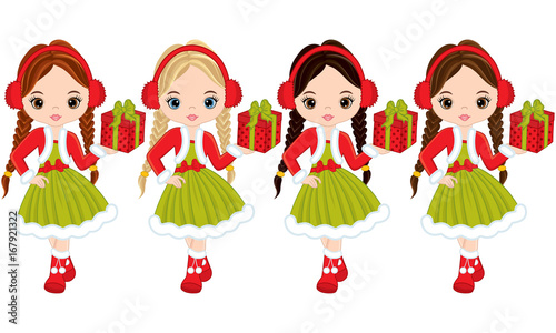 Vector Little Girls with Christmas Gifts 