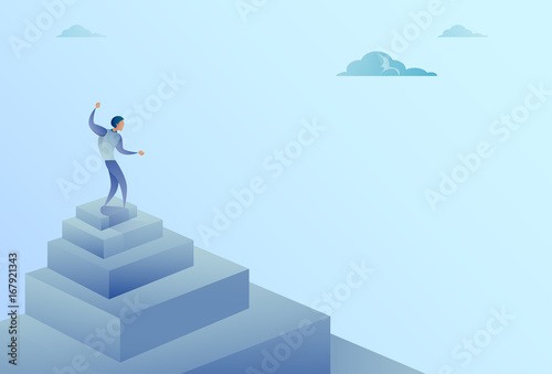 Business Man Standing On Stairs Top Finance Growth Success Concept Flat Vector Illustration