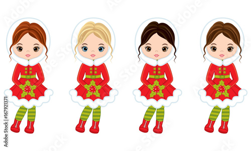 Vector Little Girls with Christmas Red Berries