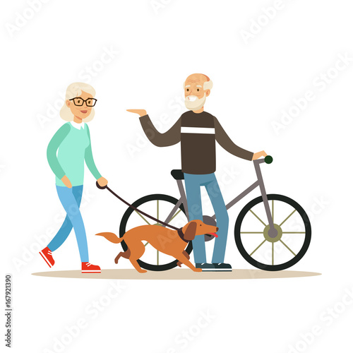 Old man standing next to a bike, senior woman walking with dog, healthy active lifestyle colorful characters vector Illustration