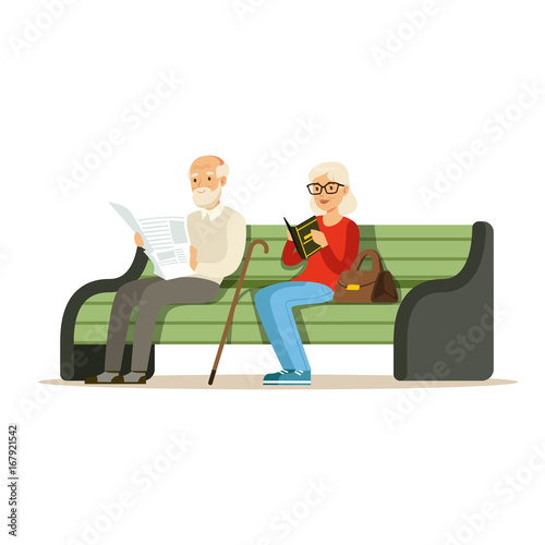 Seniors sitting on a wooden bench and reading books colorful characters vector Illustration