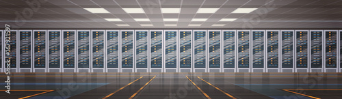 Data Center Room Hosting Server Computer Information Database Synchronize Technology Flat Vector Illustration