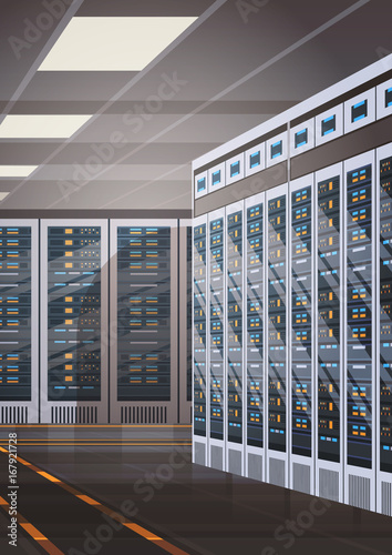 Data Center Room Hosting Server Computer Information Database Synchronize Technology Flat Vector Illustration