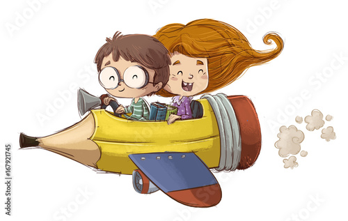 niños volando con lapiz
