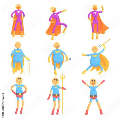 Funny elderly men in superman costume, old superhero in action cartoon characters set of vector Illustrations