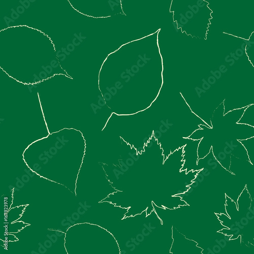 Autumn leaves are drawn with chalk on black chalkboard.