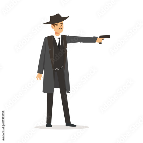 Mafia hitman character in gray coat and fedora hat standing aiming with gun vector Illustration