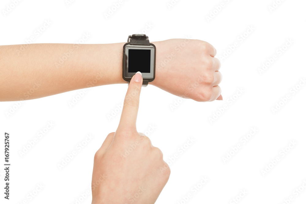 Woman's hand wearing smart watch, crop, cut out Woman's hand wearing smart watch, crop, cut out