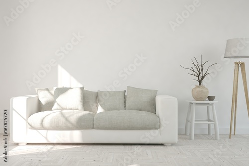Idea of white modern room with sofa. Scandinavian interior design. 3D illustration