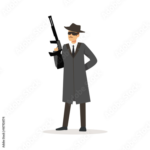 Mafia man character in gray coat and fedora hat holding submachine gun vector Illustration