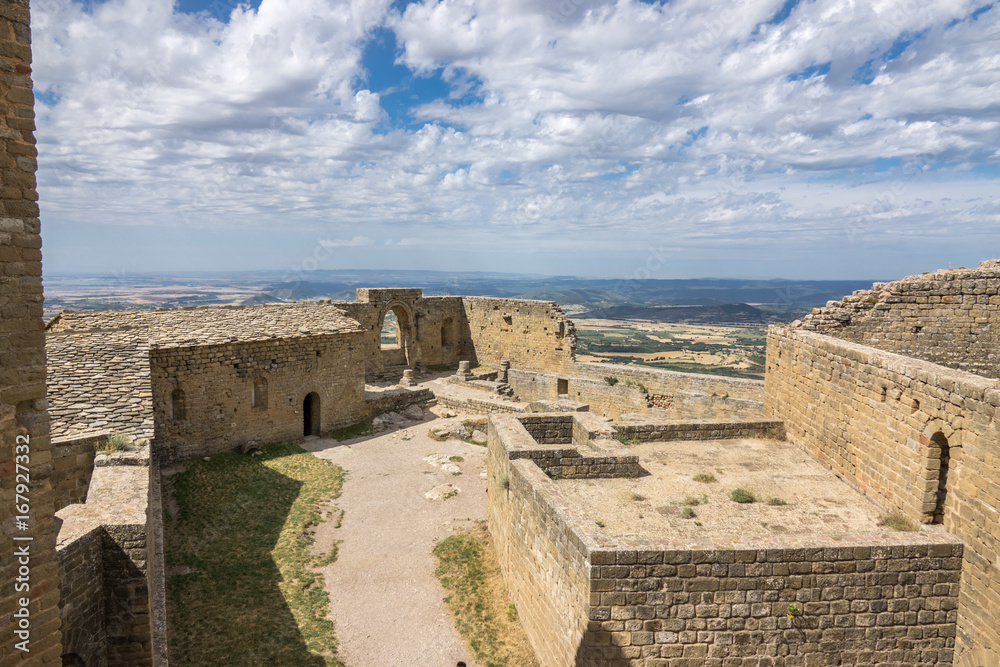 Castle of Loarre, Courtyard of arms of the medieval castle interior. Hoya de Huesca Loarre Aragon Huesca Spain