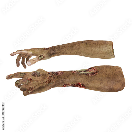 Halloween theme: terrible zombie hand on white. 3D illustration, clipping path