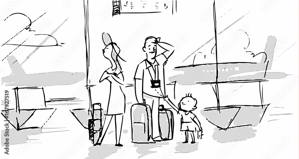 Family in the airport going to vacation trip together. Vector sketch for  cartoon, projects, storyboard Stock Vector | Adobe Stock