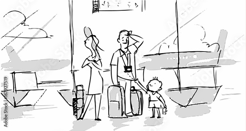 Family in the airport going to vacation trip together. Vector sketch for cartoon, projects, storyboard