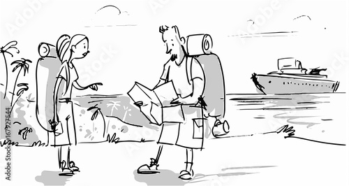 Couple in vacation reading the map. Vector sketch for cartoon, projects, storyboard