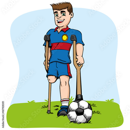 Illustration of caucasian mascot, one-legged football player adapted. Ideal for medical and educational materials