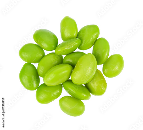 Ripe green soy beans isolated on white background, Top view.